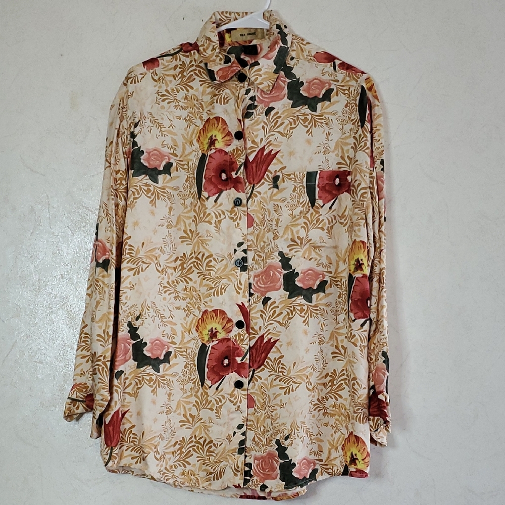 Silk House Floral Beige Women's Shirt 100% Silk  Size:S